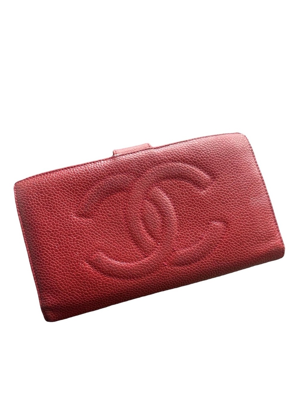 CHANEL Vtg Authentic Red Caviar Leather Long Wallet with Embossed CC